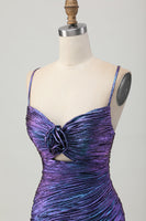 Load image into Gallery viewer, Sparkly Blue and Purple Floral Metallic Tight Short Prom Dress with Ruffles