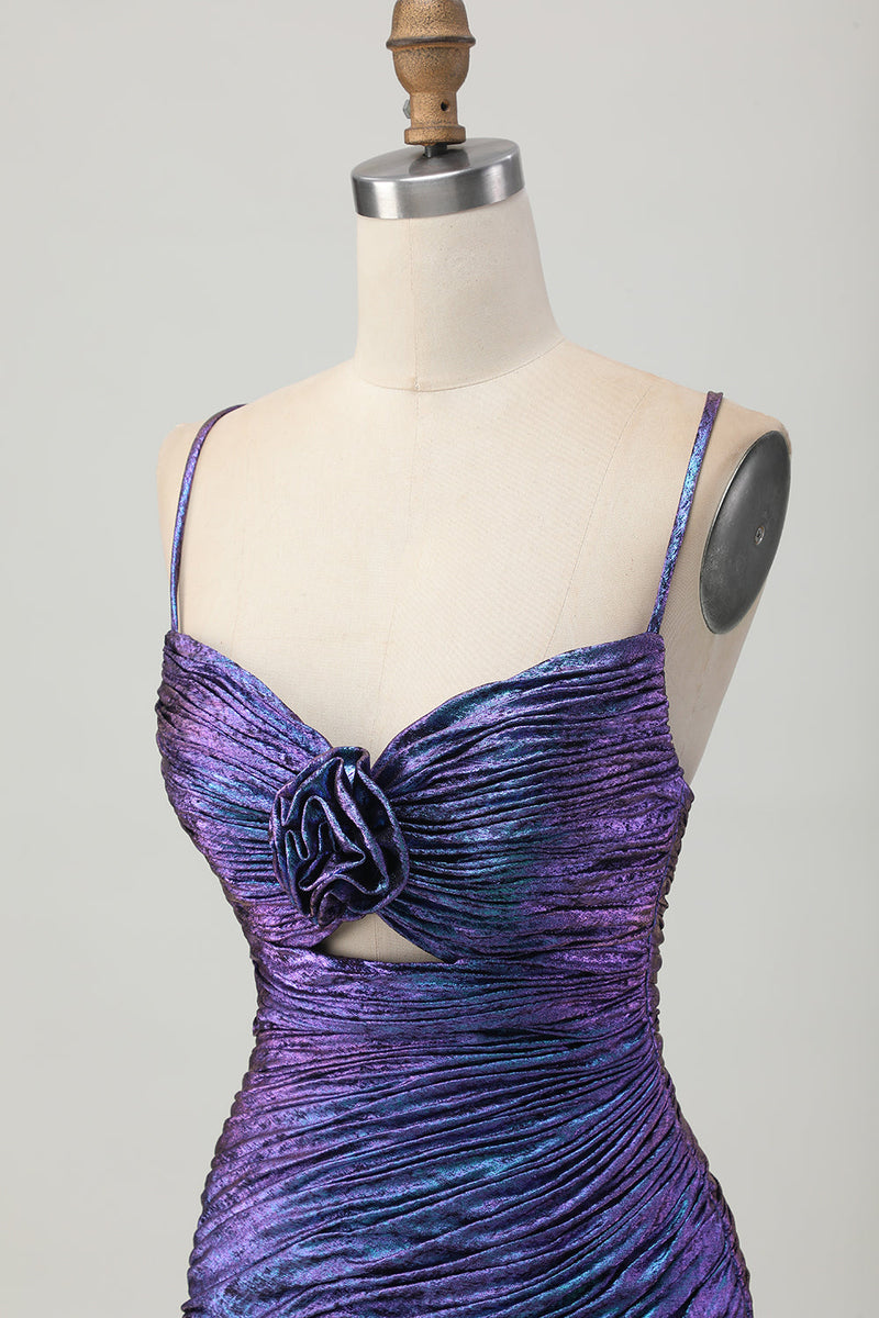 Load image into Gallery viewer, Sparkly Blue and Purple Floral Metallic Tight Short Prom Dress with Ruffles