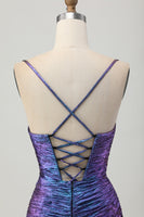 Load image into Gallery viewer, Sparkly Blue and Purple Floral Metallic Tight Short Prom Dress with Ruffles