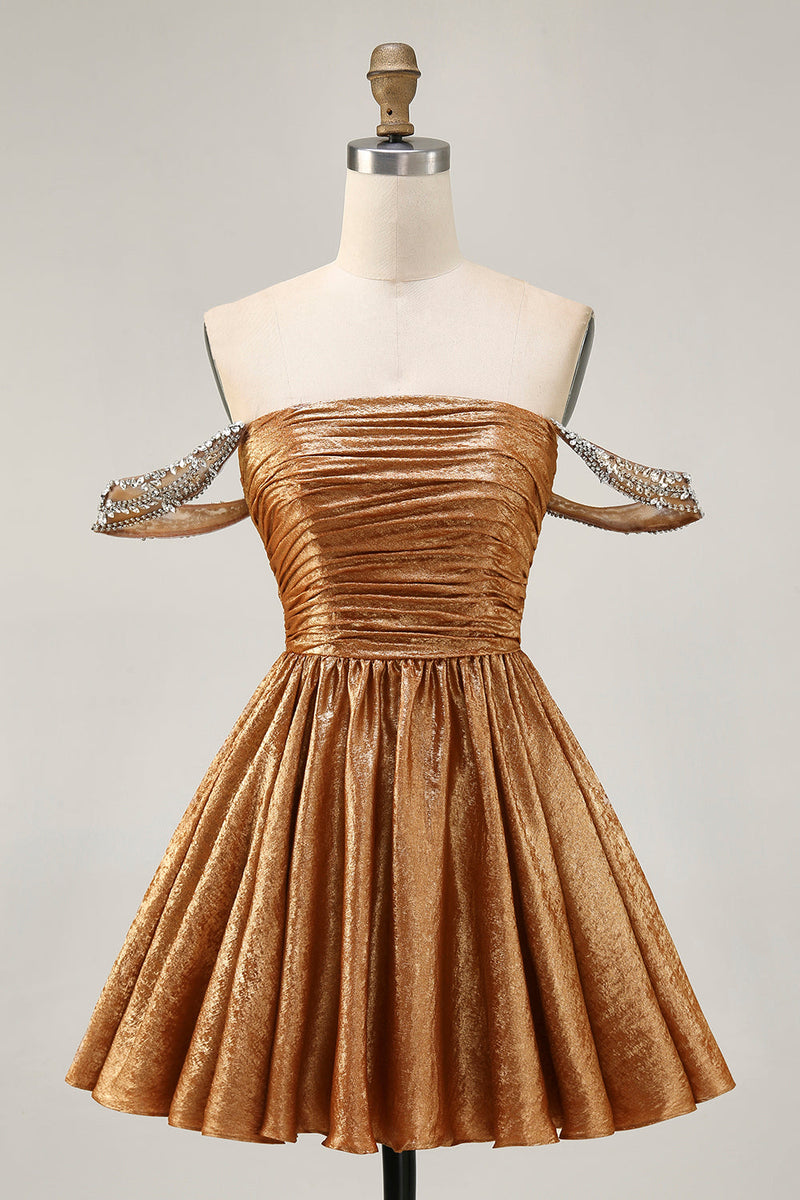 Load image into Gallery viewer, Sparkly Golden Off the Shoulder Metallic A Line Short Prom Dress