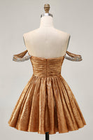 Load image into Gallery viewer, Sparkly Golden Off the Shoulder Metallic A Line Short Prom Dress