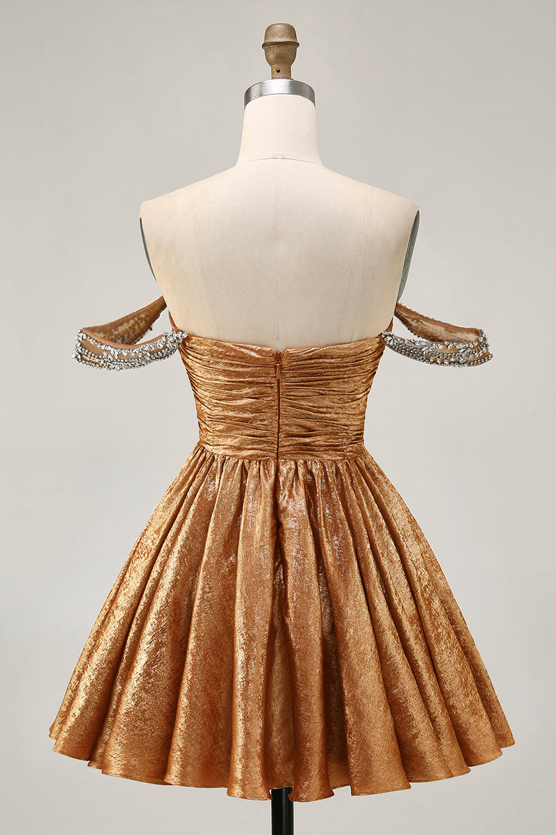 Load image into Gallery viewer, Sparkly Golden Off the Shoulder Metallic A Line Short Prom Dress