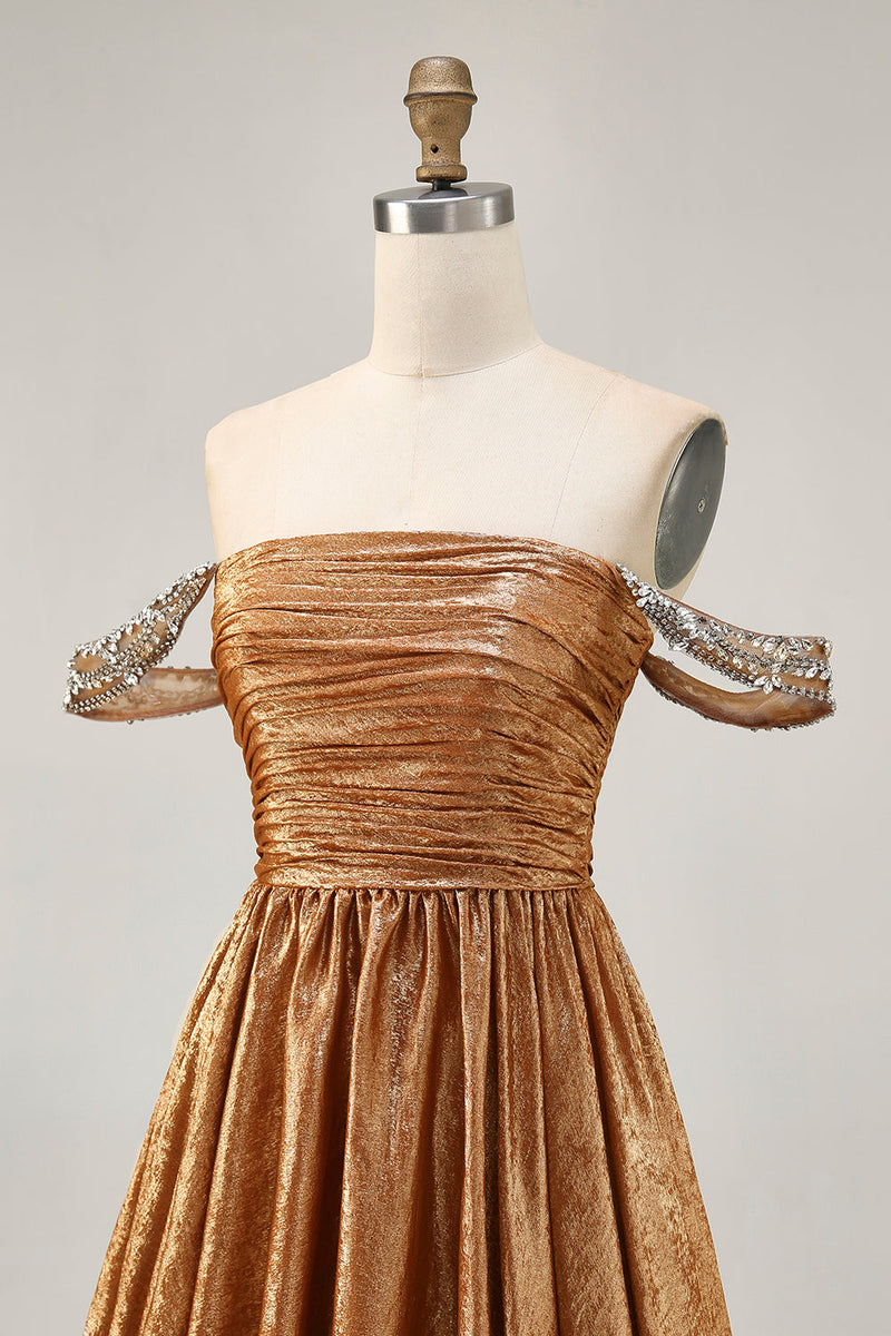 Load image into Gallery viewer, Sparkly Golden Off the Shoulder Metallic A Line Short Prom Dress
