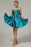 Load image into Gallery viewer, Sparkly Green A Line Mteallic Off the Shoulder Short Prom Dress