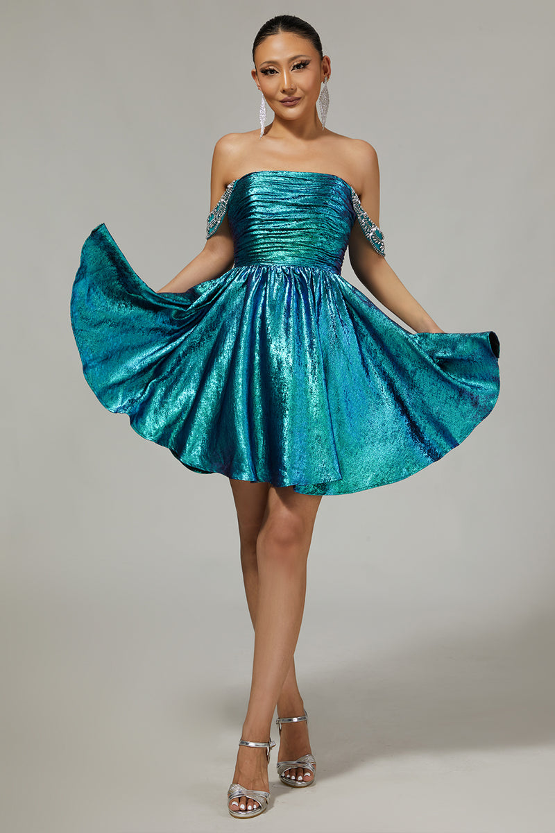Load image into Gallery viewer, Sparkly Green A Line Mteallic Off the Shoulder Short Prom Dress