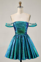Load image into Gallery viewer, Sparkly Green A Line Mteallic Off the Shoulder Short Prom Dress