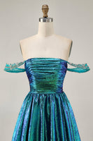 Load image into Gallery viewer, Sparkly Green A Line Mteallic Off the Shoulder Short Prom Dress