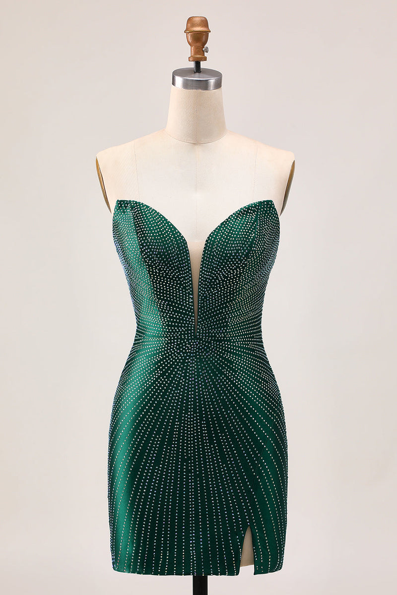 Load image into Gallery viewer, Sparkly Dark Green Satin Tight Short Prom Dress with Beading