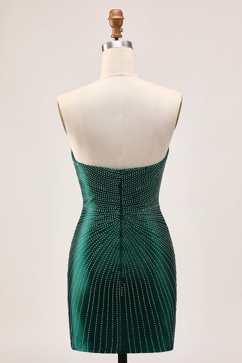 Load image into Gallery viewer, Sparkly Dark Green Satin Tight Short Prom Dress with Beading