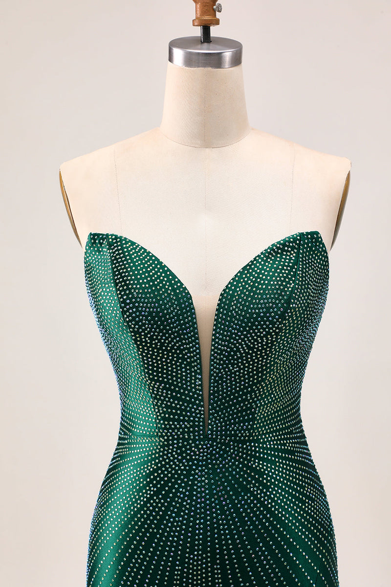 Load image into Gallery viewer, Sparkly Dark Green Satin Tight Short Prom Dress with Beading