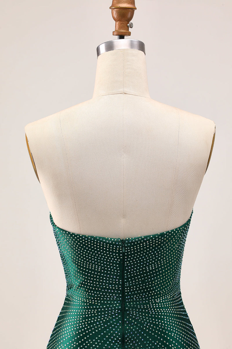 Load image into Gallery viewer, Sparkly Dark Green Satin Tight Short Prom Dress with Beading