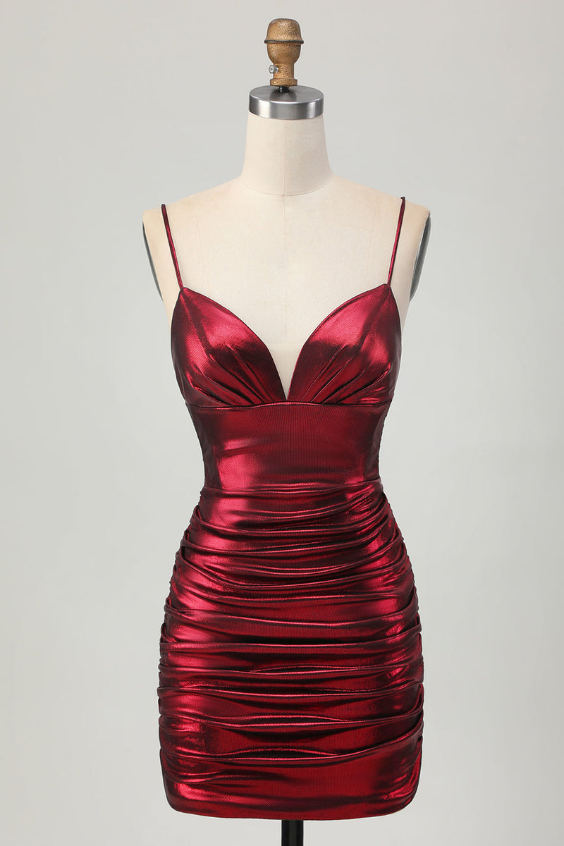 Load image into Gallery viewer, Burgundy Tight Spaghetti Straps Ruched Short Metallic Prom Dress