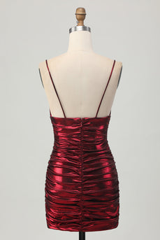 Burgundy Tight Spaghetti Straps Ruched Short Metallic Prom Dress