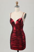 Load image into Gallery viewer, Burgundy Tight Spaghetti Straps Ruched Short Metallic Prom Dress