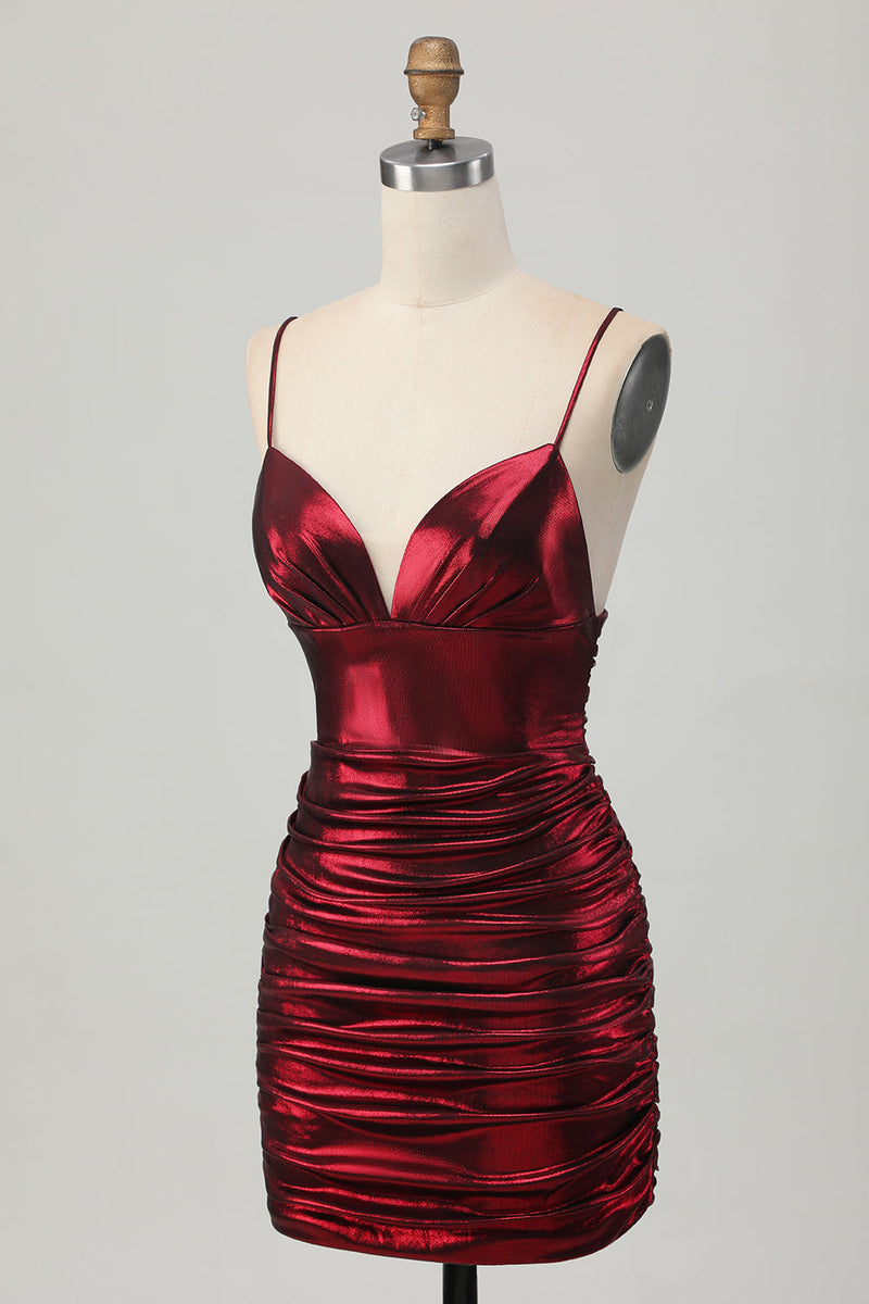 Load image into Gallery viewer, Burgundy Tight Spaghetti Straps Ruched Short Metallic Prom Dress