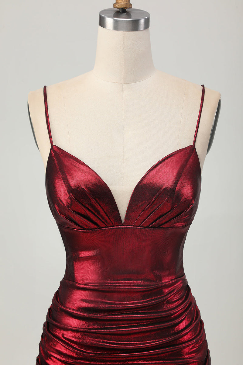 Load image into Gallery viewer, Burgundy Tight Spaghetti Straps Ruched Short Metallic Prom Dress