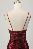 Load image into Gallery viewer, Burgundy Tight Spaghetti Straps Ruched Short Metallic Prom Dress