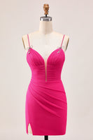 Load image into Gallery viewer, Sparkly Fuchsia Tight Spaghetti Straps Short Prom Dress with Beading