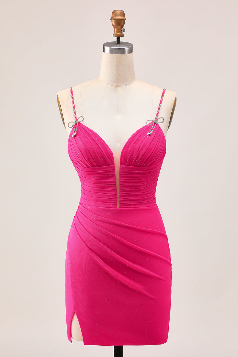 Load image into Gallery viewer, Sparkly Fuchsia Tight Spaghetti Straps Short Prom Dress with Beading