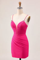 Load image into Gallery viewer, Sparkly Fuchsia Tight Spaghetti Straps Short Prom Dress with Beading