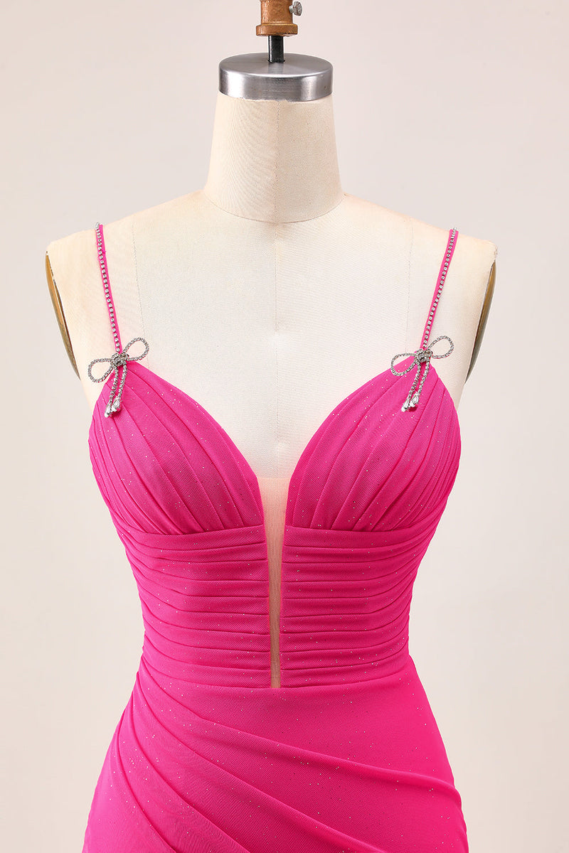 Load image into Gallery viewer, Sparkly Fuchsia Tight Spaghetti Straps Short Prom Dress with Beading