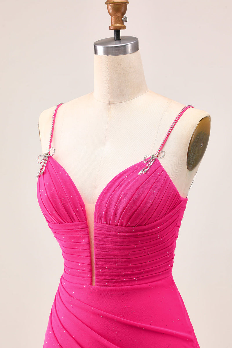 Load image into Gallery viewer, Sparkly Fuchsia Tight Spaghetti Straps Short Prom Dress with Beading