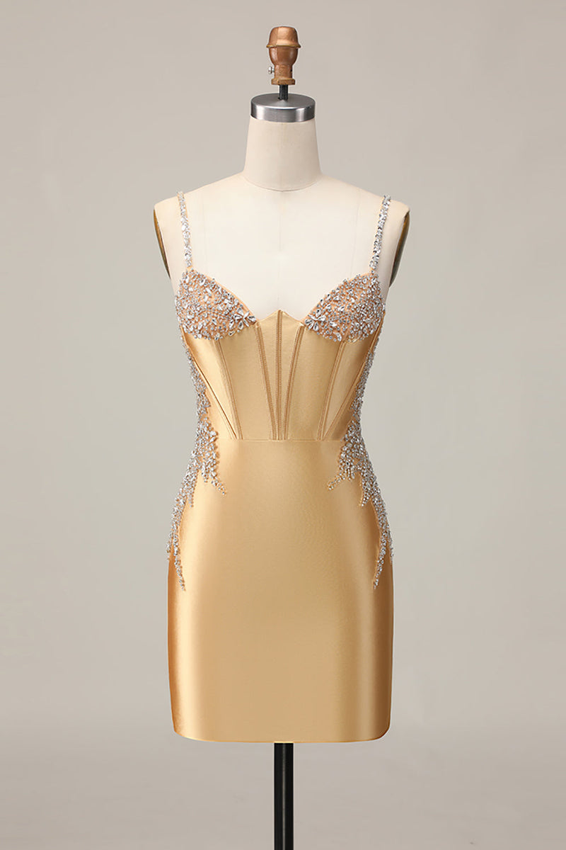 Load image into Gallery viewer, Sparkly Golden Satin Corset Short Tight Prom Dress with Beading