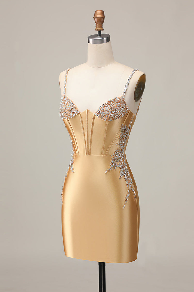 Load image into Gallery viewer, Sparkly Golden Satin Corset Short Tight Prom Dress with Beading