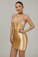 Load image into Gallery viewer, Sparkly Golden Satin Corset Short Tight Prom Dress with Beading