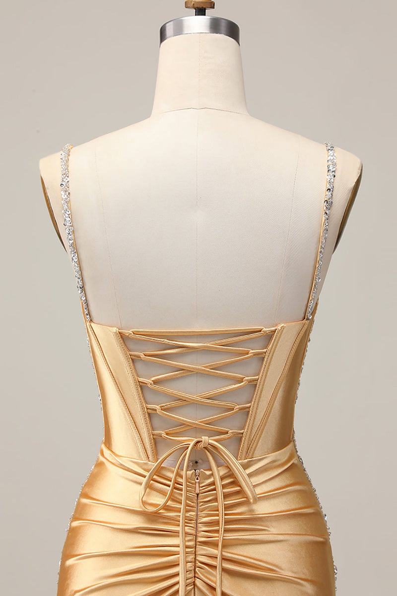 Load image into Gallery viewer, Sparkly Golden Satin Corset Short Tight Prom Dress with Beading