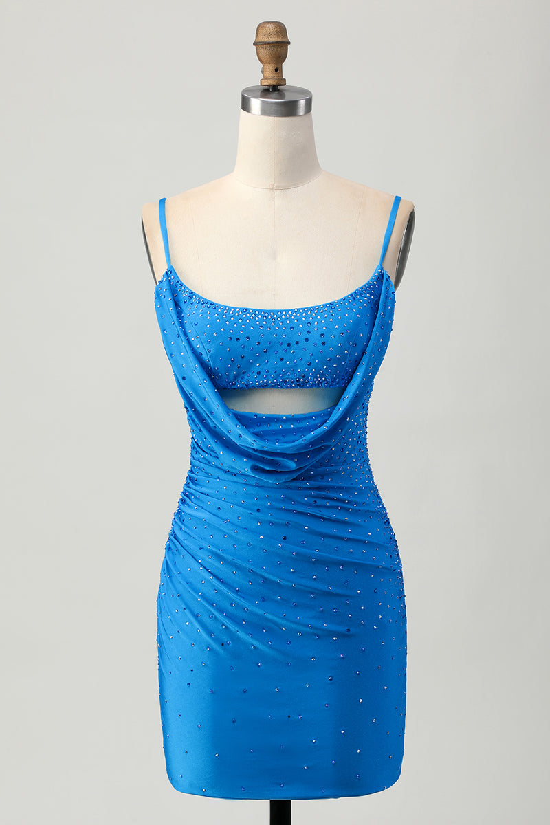 Load image into Gallery viewer, Sparkly Blue Beaded Tight Cut Out Short Prom Dress with Drapes