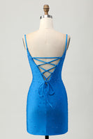 Load image into Gallery viewer, Sparkly Blue Beaded Tight Cut Out Short Prom Dress with Drapes