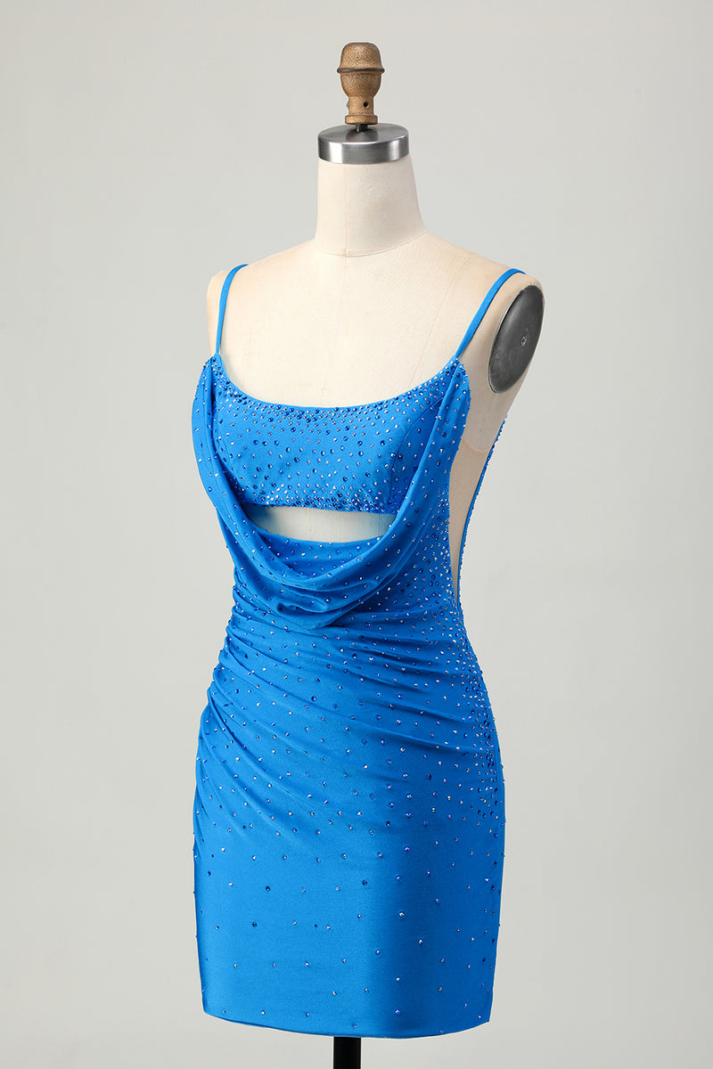 Load image into Gallery viewer, Sparkly Blue Beaded Tight Cut Out Short Prom Dress with Drapes