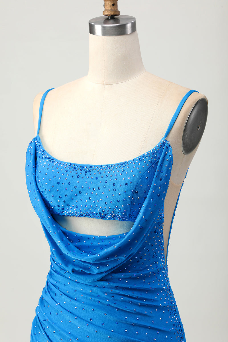 Load image into Gallery viewer, Sparkly Blue Beaded Tight Cut Out Short Prom Dress with Drapes
