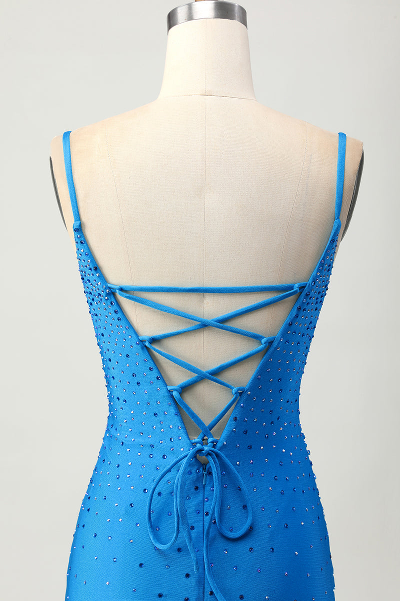 Load image into Gallery viewer, Sparkly Blue Beaded Tight Cut Out Short Prom Dress with Drapes