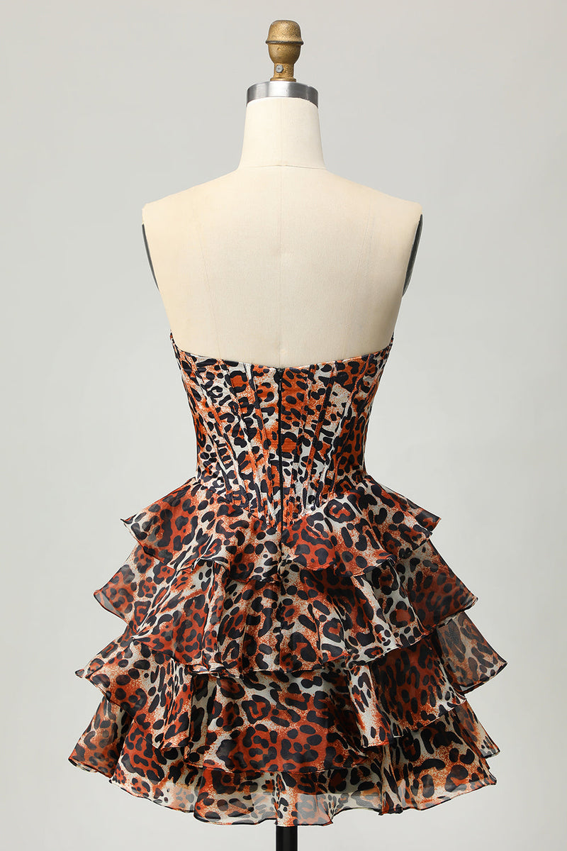 Load image into Gallery viewer, Khaki Leopard Print Strapless Corset Short Prom Dress with Ruffles