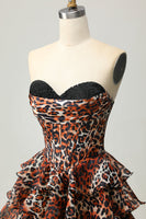 Load image into Gallery viewer, Khaki Leopard Print Strapless Corset Short Prom Dress with Ruffles