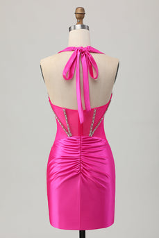 Sparkly Fuchsia Tight Corset Halter Short Prom Dress with Rhinestones