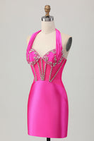 Load image into Gallery viewer, Sparkly Fuchsia Tight Corset Halter Short Prom Dress with Rhinestones