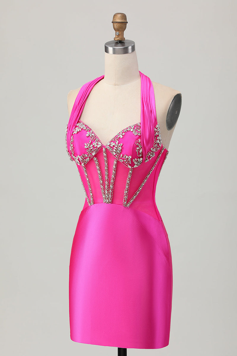 Load image into Gallery viewer, Sparkly Fuchsia Tight Corset Halter Short Prom Dress with Rhinestones