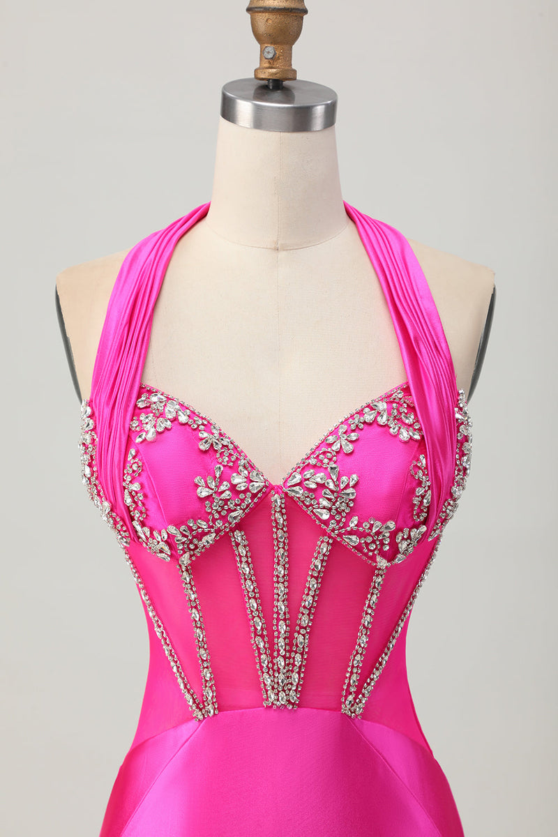 Load image into Gallery viewer, Sparkly Fuchsia Tight Corset Halter Short Prom Dress with Rhinestones