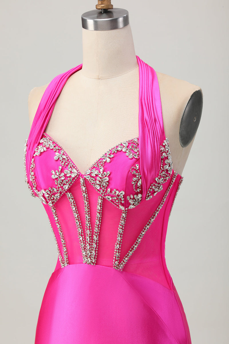 Load image into Gallery viewer, Sparkly Fuchsia Tight Corset Halter Short Prom Dress with Rhinestones