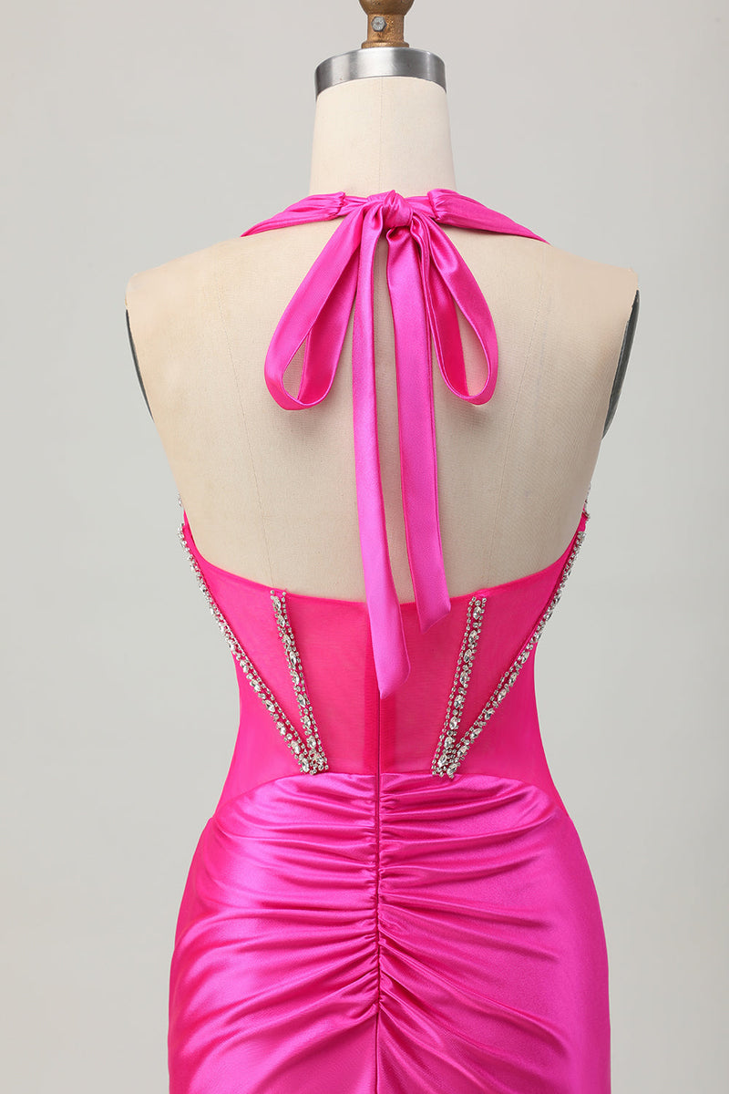 Load image into Gallery viewer, Sparkly Fuchsia Tight Corset Halter Short Prom Dress with Rhinestones