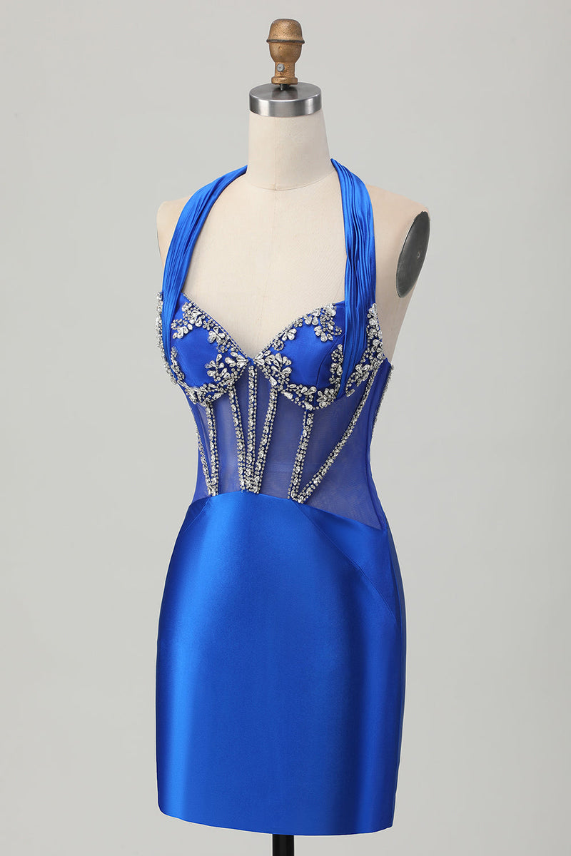 Load image into Gallery viewer, Sparkly Royal Blue Halter Tight Corset Short Prom Dress with Rhinestones