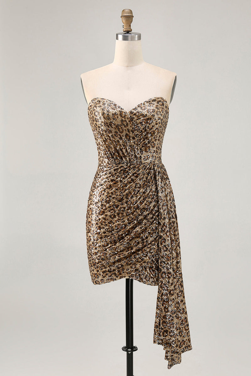 Load image into Gallery viewer, Sparkly Khaki Leopard Printed Tight Sequin Short Prom Dress