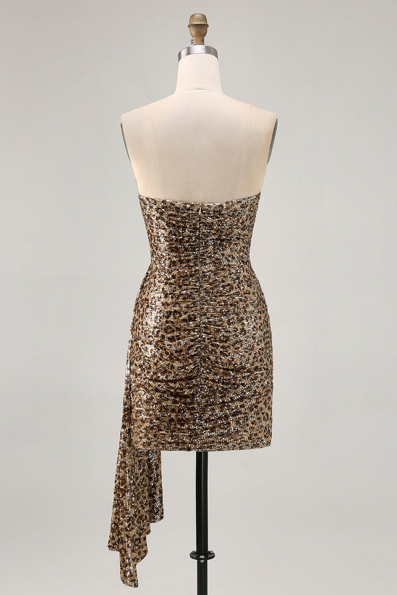 Load image into Gallery viewer, Sparkly Khaki Leopard Printed Tight Sequin Short Prom Dress