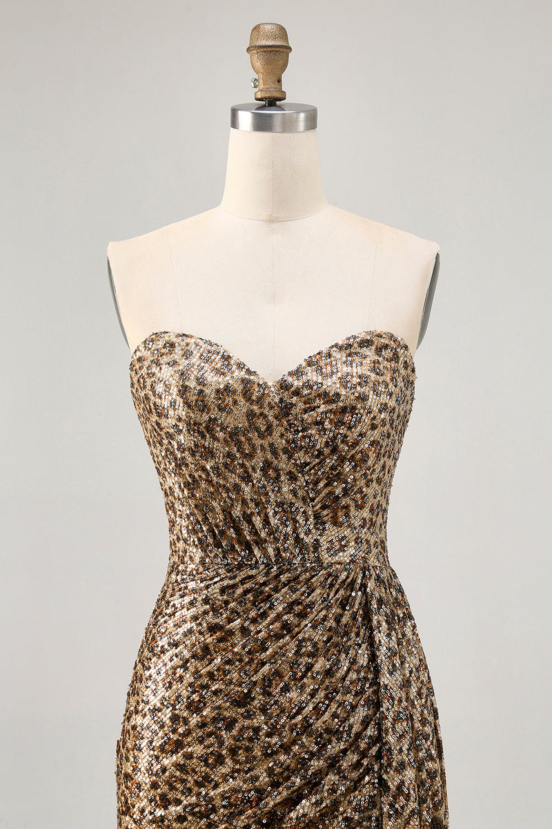 Load image into Gallery viewer, Sparkly Khaki Leopard Printed Tight Sequin Short Prom Dress