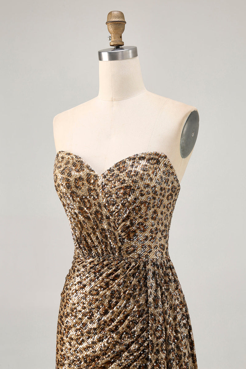 Load image into Gallery viewer, Sparkly Khaki Leopard Printed Tight Sequin Short Prom Dress