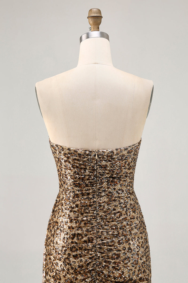 Load image into Gallery viewer, Sparkly Khaki Leopard Printed Tight Sequin Short Prom Dress