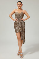 Load image into Gallery viewer, Sparkly Khaki Leopard Printed Tight Sequin Short Prom Dress